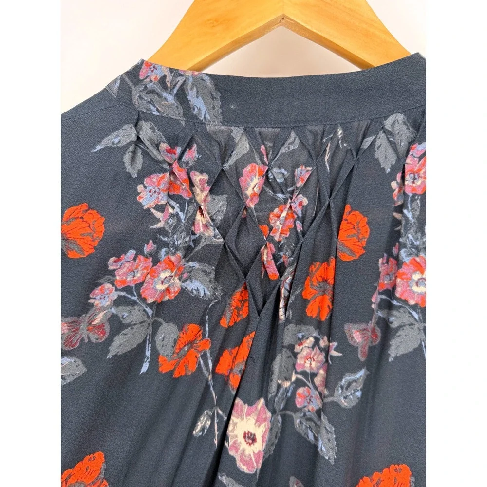 Free People Sheer Floral Butterfly Smocked Raw Lace Hem Tunic Top Blue XS Boho